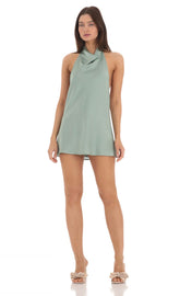 Satin Halter Open Back Dress in Sage